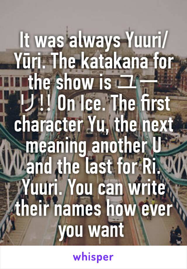 It was always Yuuri/Yūri. The katakana for the show is ユーリ!! On Ice. The first character Yu, the next meaning another U and the last for Ri. Yuuri. You can write their names how ever you want 