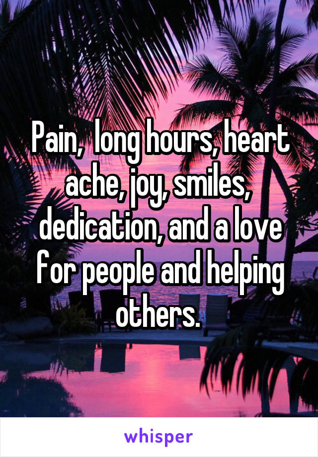 Pain,  long hours, heart ache, joy, smiles,  dedication, and a love for people and helping others. 