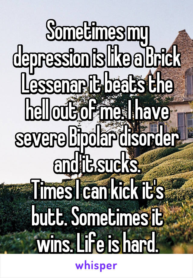 Sometimes my depression is like a Brick Lessenar it beats the hell out of me. I have severe Bipolar disorder and it sucks.
Times I can kick it's butt. Sometimes it wins. Life is hard.