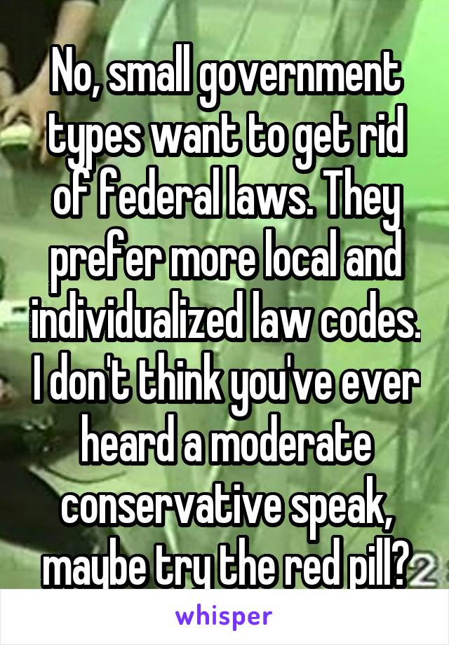 No, small government types want to get rid of federal laws. They prefer more local and individualized law codes. I don't think you've ever heard a moderate conservative speak, maybe try the red pill?