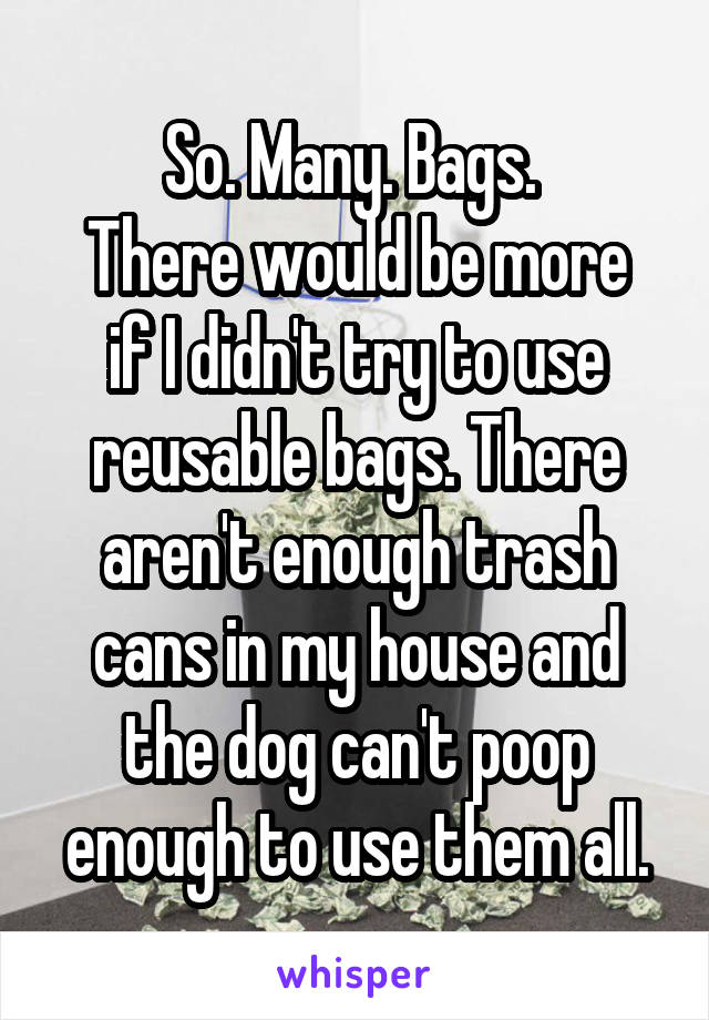 So. Many. Bags. 
There would be more if I didn't try to use reusable bags. There aren't enough trash cans in my house and the dog can't poop enough to use them all.