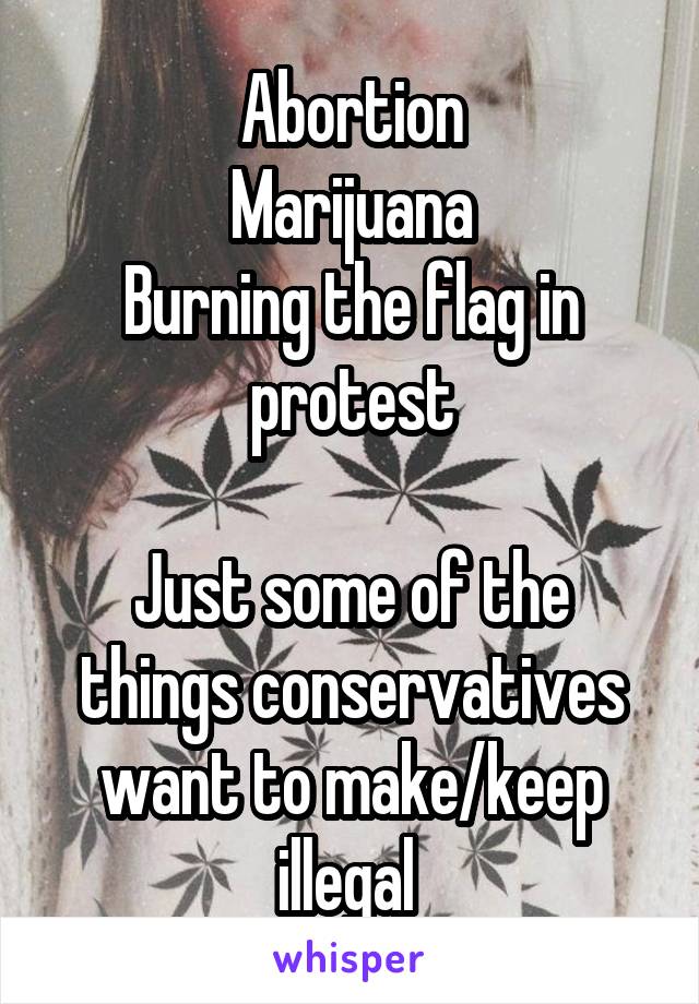 Abortion
Marijuana
Burning the flag in protest

Just some of the things conservatives want to make/keep illegal 