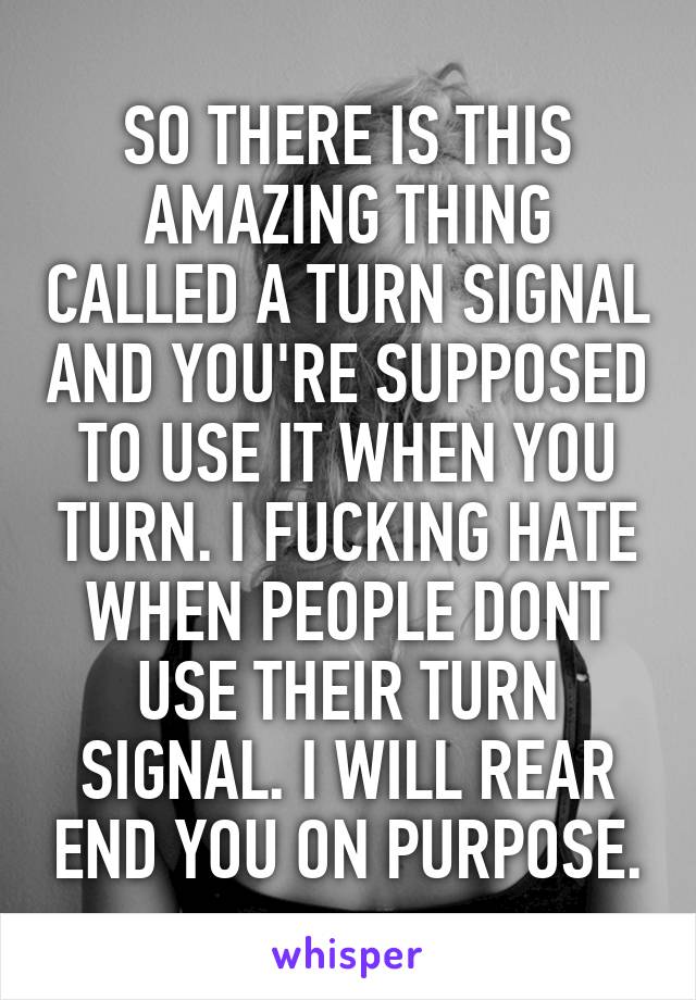 SO THERE IS THIS AMAZING THING CALLED A TURN SIGNAL AND YOU'RE SUPPOSED TO USE IT WHEN YOU TURN. I FUCKING HATE WHEN PEOPLE DONT USE THEIR TURN SIGNAL. I WILL REAR END YOU ON PURPOSE.