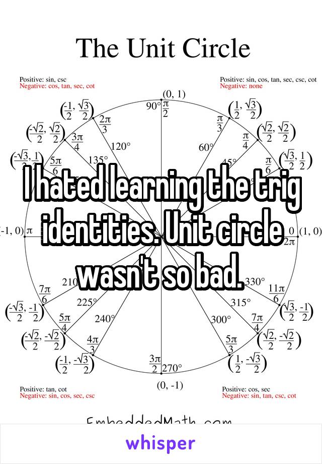 I hated learning the trig identities. Unit circle wasn't so bad. 