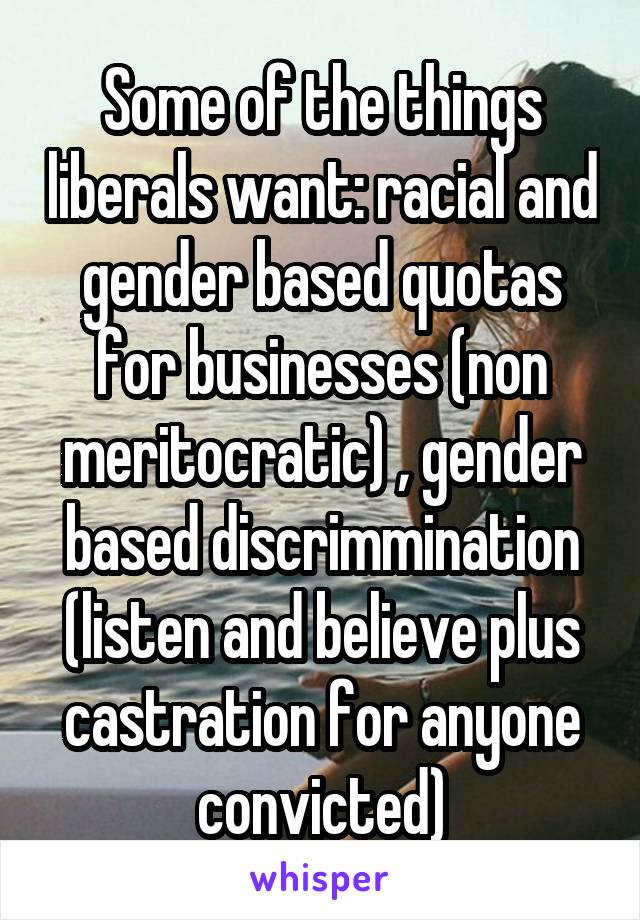 Some of the things liberals want: racial and gender based quotas for businesses (non meritocratic) , gender based discrimmination (listen and believe plus castration for anyone convicted)