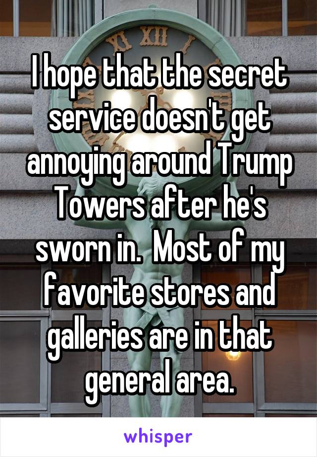 I hope that the secret service doesn't get annoying around Trump Towers after he's sworn in.  Most of my favorite stores and galleries are in that general area.