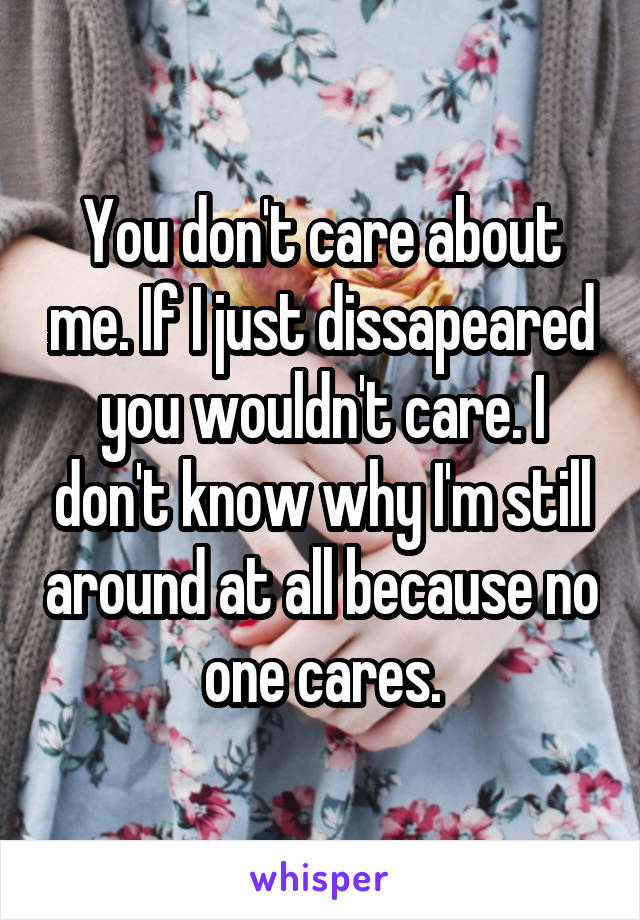 You don't care about me. If I just dissapeared you wouldn't care. I don't know why I'm still around at all because no one cares.
