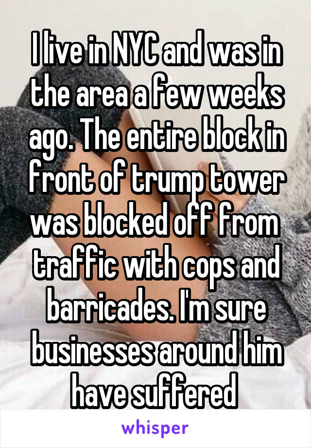 I live in NYC and was in the area a few weeks ago. The entire block in front of trump tower was blocked off from  traffic with cops and barricades. I'm sure businesses around him have suffered 
