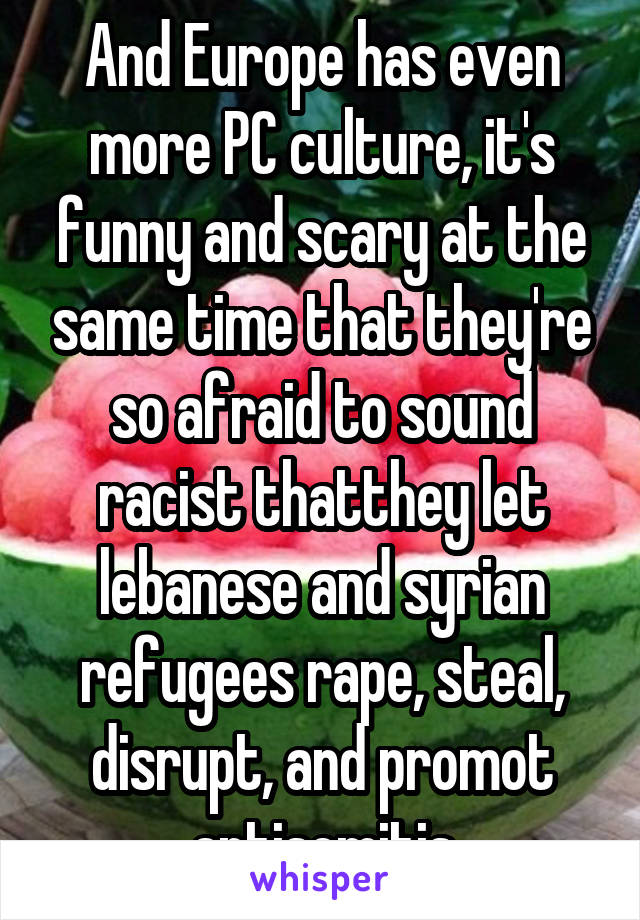 And Europe has even more PC culture, it's funny and scary at the same time that they're so afraid to sound racist thatthey let lebanese and syrian refugees rape, steal, disrupt, and promot antisemitis