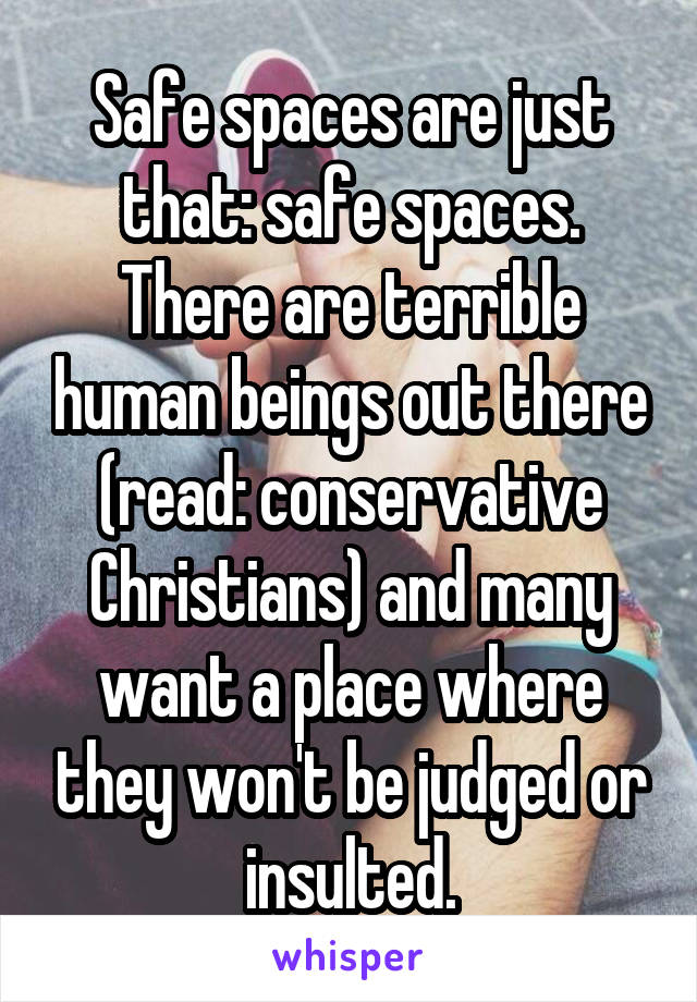 Safe spaces are just that: safe spaces. There are terrible human beings out there (read: conservative Christians) and many want a place where they won't be judged or insulted.