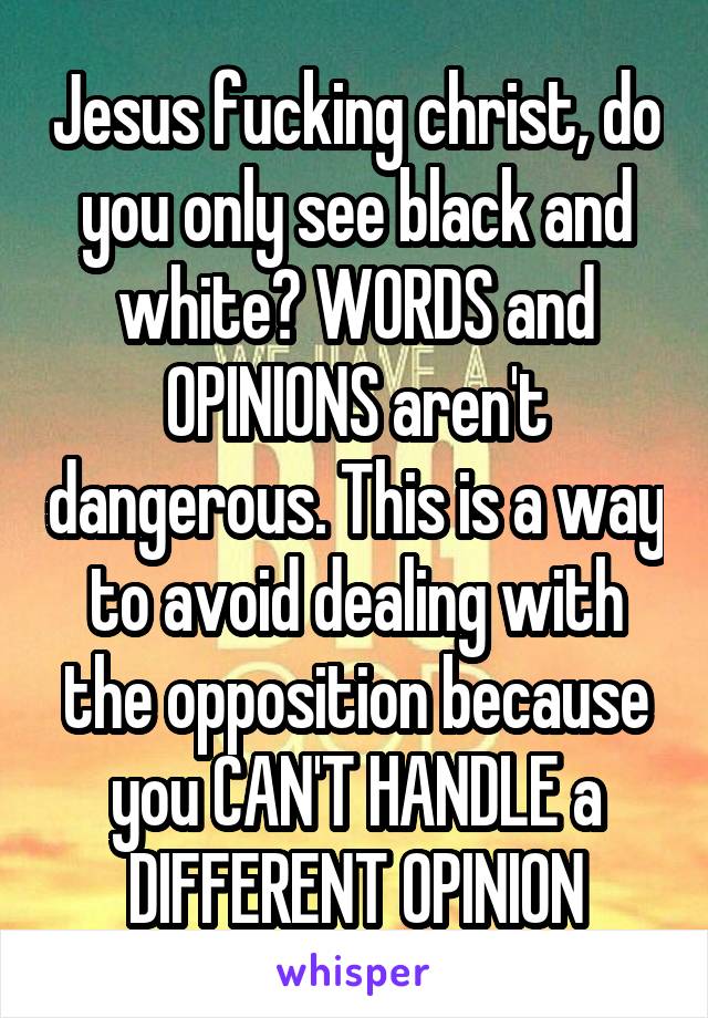 Jesus fucking christ, do you only see black and white? WORDS and OPINIONS aren't dangerous. This is a way to avoid dealing with the opposition because you CAN'T HANDLE a DIFFERENT OPINION