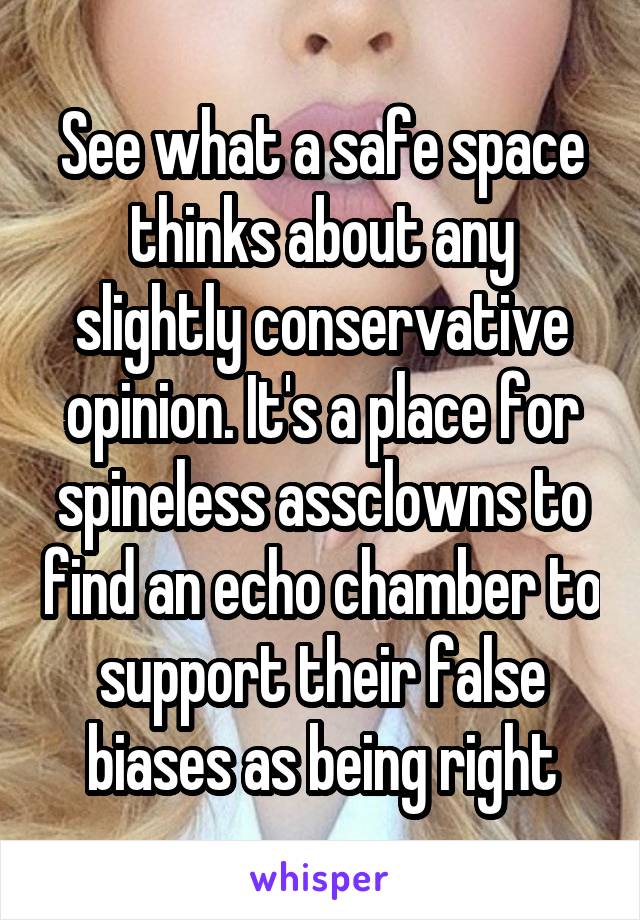 See what a safe space thinks about any slightly conservative opinion. It's a place for spineless assclowns to find an echo chamber to support their false biases as being right