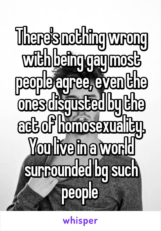 There's nothing wrong with being gay most people agree, even the ones disgusted by the act of homosexuality. You live in a world surrounded bg such people 