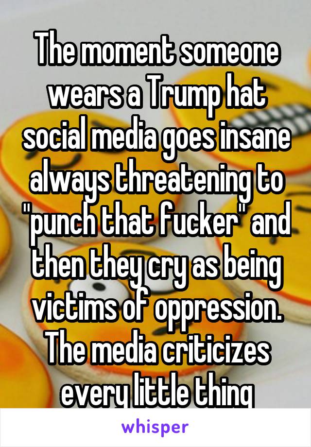 The moment someone wears a Trump hat social media goes insane always threatening to "punch that fucker" and then they cry as being victims of oppression. The media criticizes every little thing