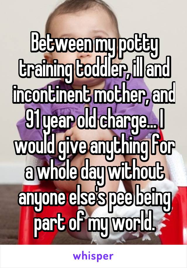Between my potty training toddler, ill and incontinent mother, and 91 year old charge... I would give anything for a whole day without anyone else's pee being part of my world.