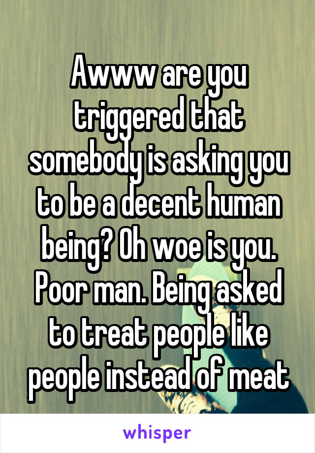 Awww are you triggered that somebody is asking you to be a decent human being? Oh woe is you. Poor man. Being asked to treat people like people instead of meat