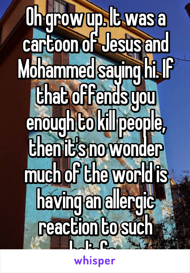 Oh grow up. It was a cartoon of Jesus and Mohammed saying hi. If that offends you enough to kill people, then it's no wonder much of the world is having an allergic reaction to such beliefs. 