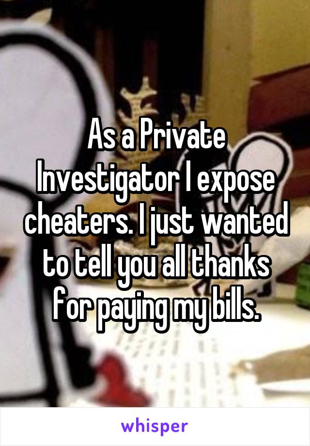As a Private Investigator I expose cheaters. I just wanted to tell you all thanks for paying my bills.