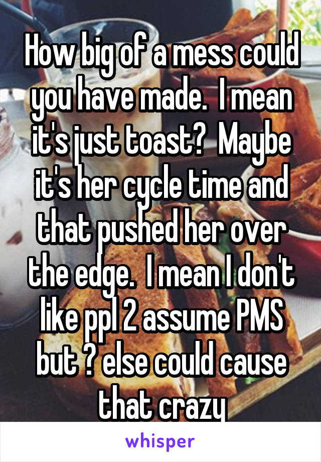 How big of a mess could you have made.  I mean it's just toast?  Maybe it's her cycle time and that pushed her over the edge.  I mean I don't like ppl 2 assume PMS but ? else could cause that crazy