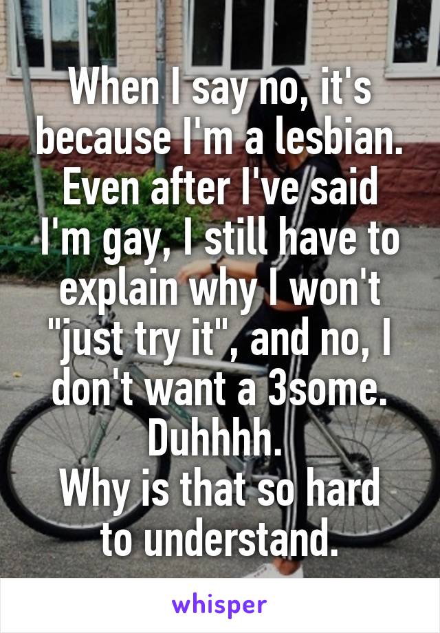 When I say no, it's because I'm a lesbian.
Even after I've said I'm gay, I still have to explain why I won't "just try it", and no, I don't want a 3some. Duhhhh. 
Why is that so hard to understand.