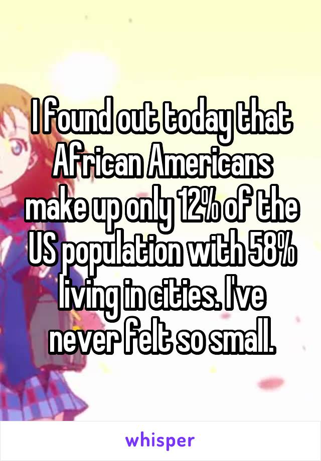 I found out today that African Americans make up only 12% of the US population with 58% living in cities. I've never felt so small.