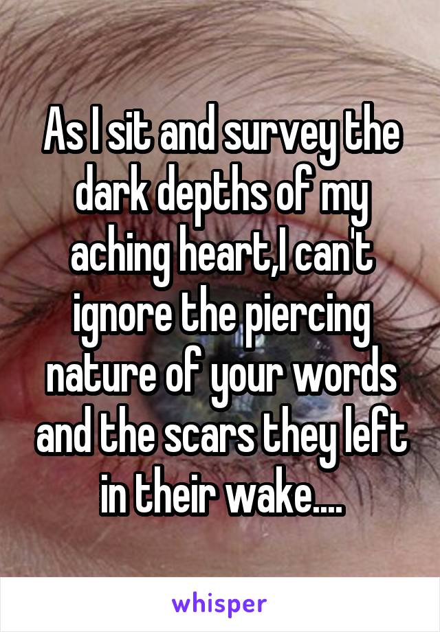 As I sit and survey the dark depths of my aching heart,I can't ignore the piercing nature of your words and the scars they left in their wake....