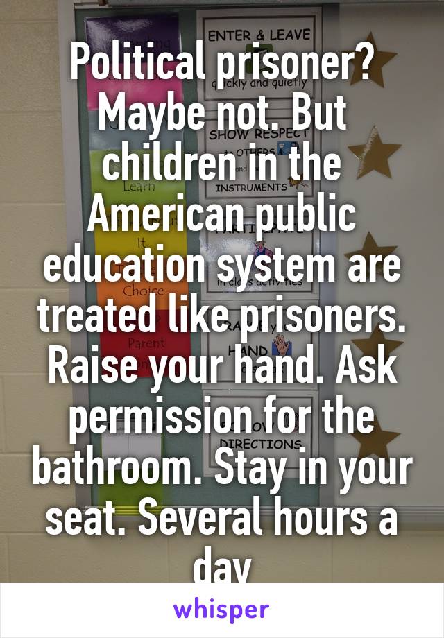 Political prisoner? Maybe not. But children in the American public education system are treated like prisoners. Raise your hand. Ask permission for the bathroom. Stay in your seat. Several hours a day