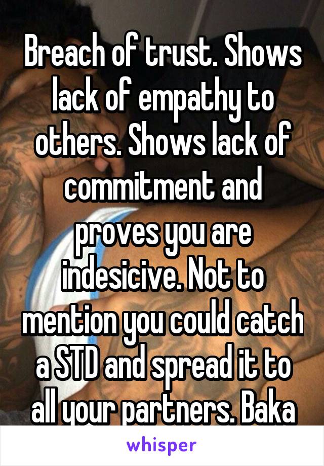Breach of trust. Shows lack of empathy to others. Shows lack of commitment and proves you are indesicive. Not to mention you could catch a STD and spread it to all your partners. Baka