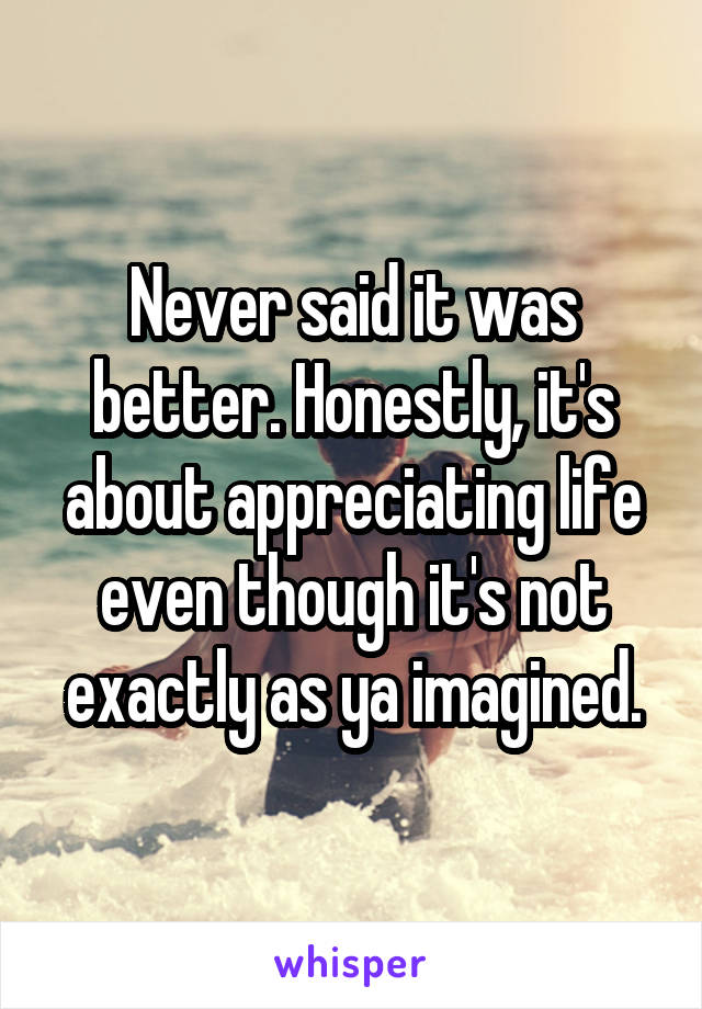 Never said it was better. Honestly, it's about appreciating life even though it's not exactly as ya imagined.