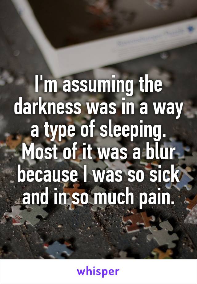 I'm assuming the darkness was in a way a type of sleeping. Most of it was a blur because I was so sick and in so much pain.