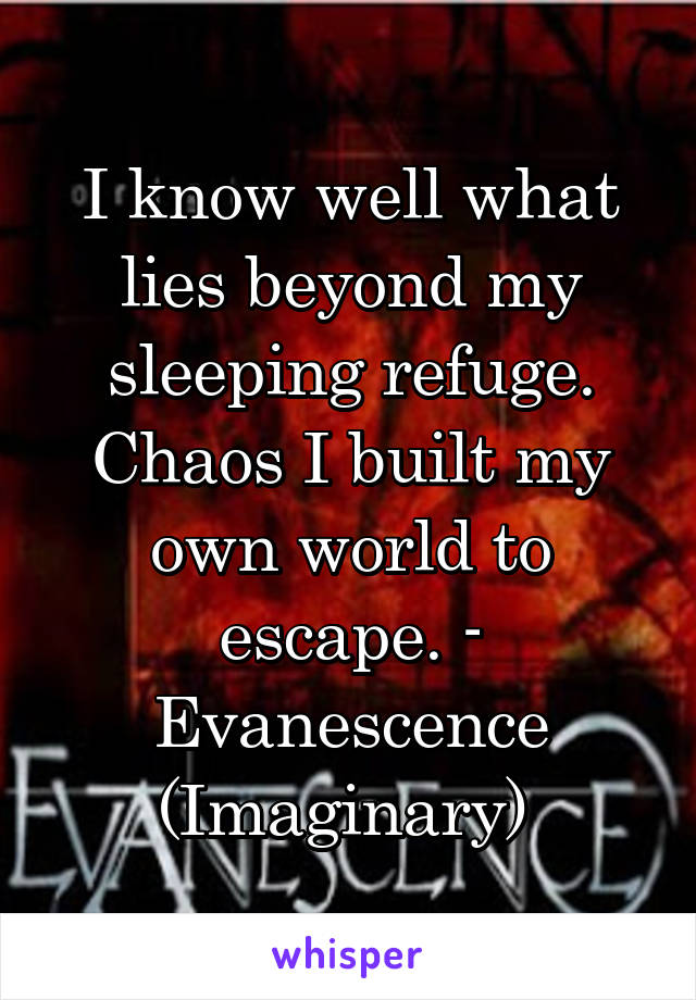 I know well what lies beyond my sleeping refuge. Chaos I built my own world to escape. - Evanescence (Imaginary) 