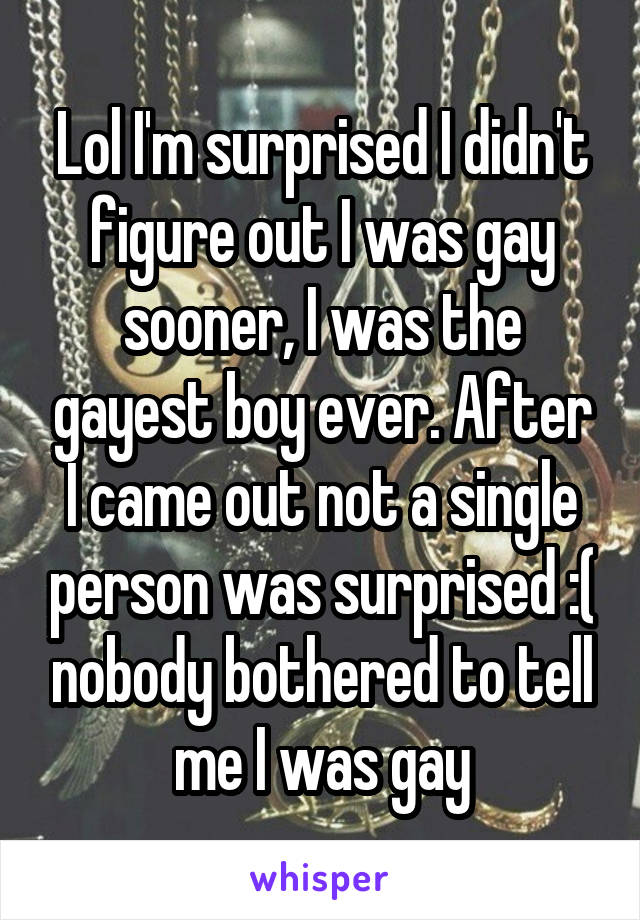 Lol I'm surprised I didn't figure out I was gay sooner, I was the gayest boy ever. After I came out not a single person was surprised :( nobody bothered to tell me I was gay