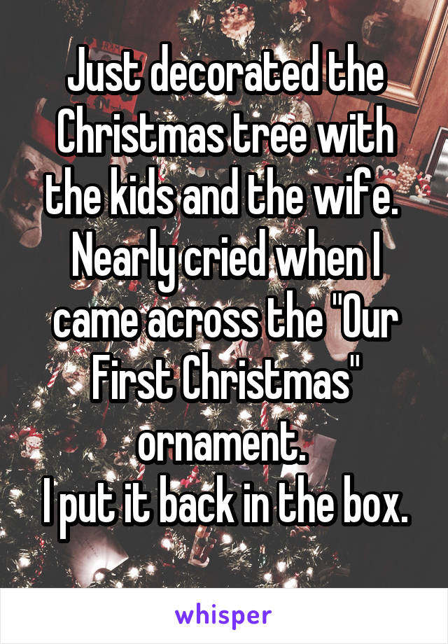 Just decorated the Christmas tree with the kids and the wife. 
Nearly cried when I came across the "Our First Christmas" ornament. 
I put it back in the box. 