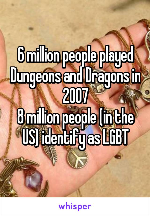 6 million people played Dungeons and Dragons in 2007
8 million people (in the US) identify as LGBT
