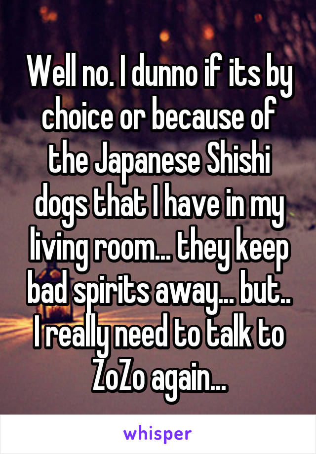 Well no. I dunno if its by choice or because of the Japanese Shishi dogs that I have in my living room... they keep bad spirits away... but..
I really need to talk to ZoZo again...
