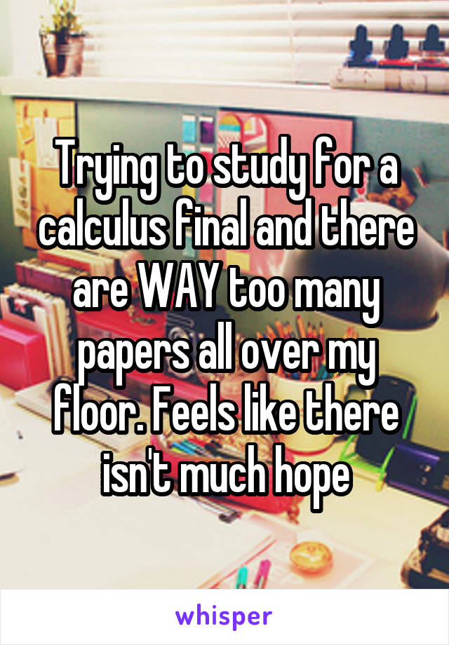 Trying to study for a calculus final and there are WAY too many papers all over my floor. Feels like there isn't much hope