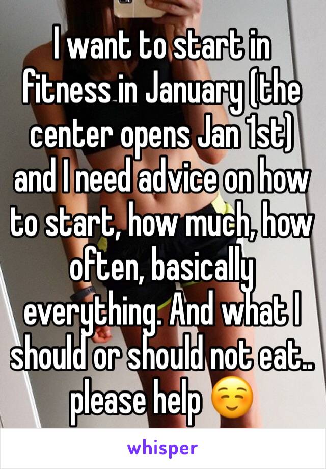 I want to start in fitness in January (the center opens Jan 1st) and I need advice on how to start, how much, how often, basically everything. And what I should or should not eat.. please help ☺️