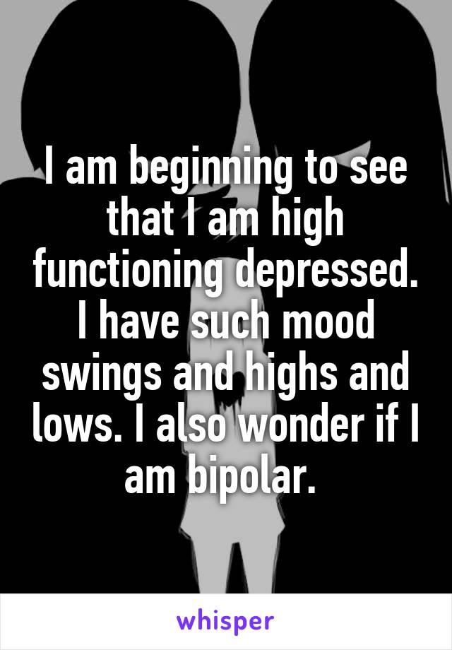 I am beginning to see that I am high functioning depressed. I have such mood swings and highs and lows. I also wonder if I am bipolar. 