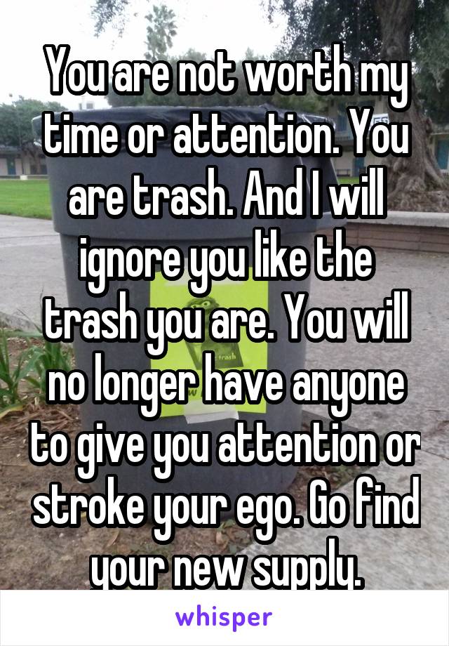 You are not worth my time or attention. You are trash. And I will ignore you like the trash you are. You will no longer have anyone to give you attention or stroke your ego. Go find your new supply.