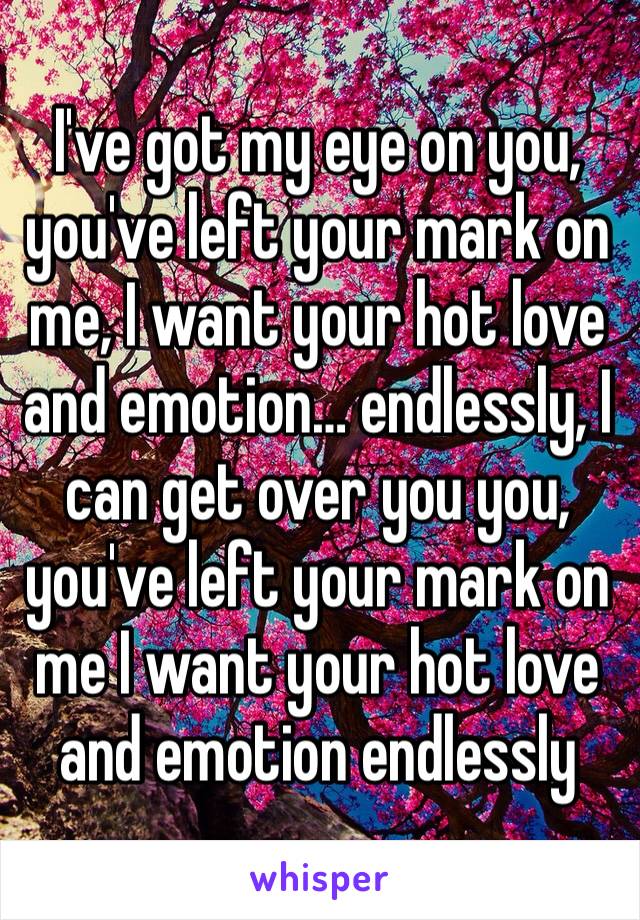 I've got my eye on you, you've left your mark on me, I want your hot love and emotion… endlessly, I can get over you you, you've left your mark on me I want your hot love and emotion endlessly 