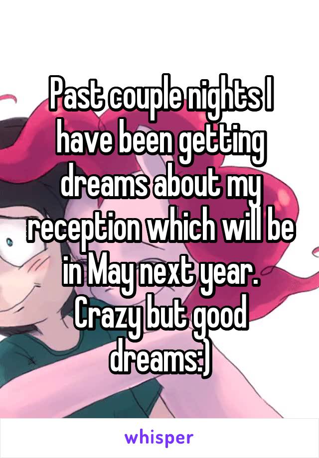 Past couple nights I have been getting dreams about my reception which will be in May next year.
Crazy but good dreams:)