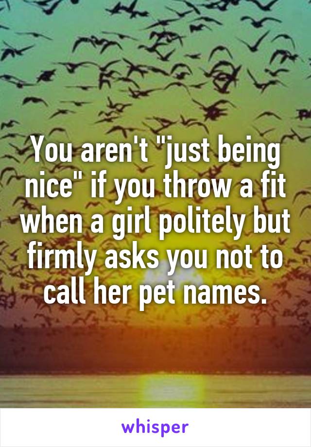 You aren't "just being nice" if you throw a fit when a girl politely but firmly asks you not to call her pet names.