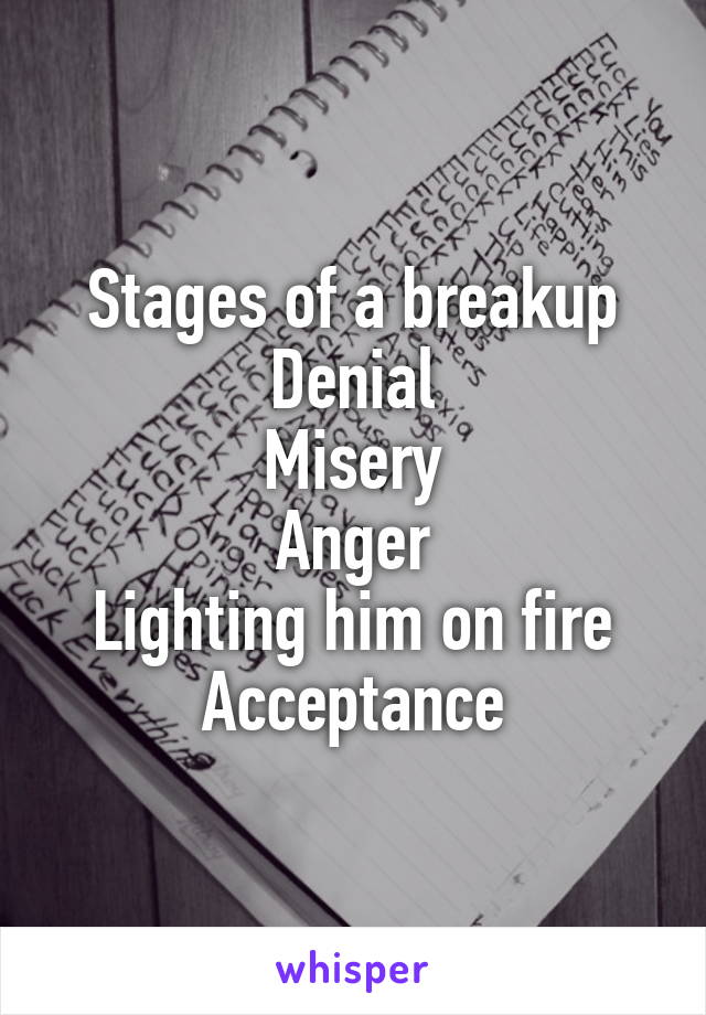 Stages of a breakup
Denial
Misery
Anger
Lighting him on fire
Acceptance