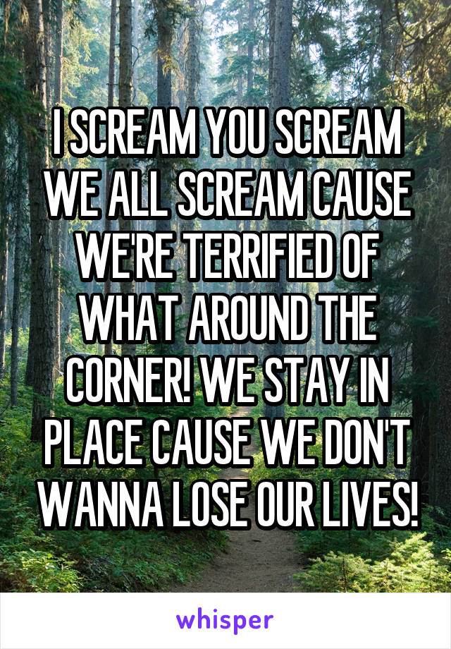 I SCREAM YOU SCREAM WE ALL SCREAM CAUSE WE'RE TERRIFIED OF WHAT AROUND THE CORNER! WE STAY IN PLACE CAUSE WE DON'T WANNA LOSE OUR LIVES!