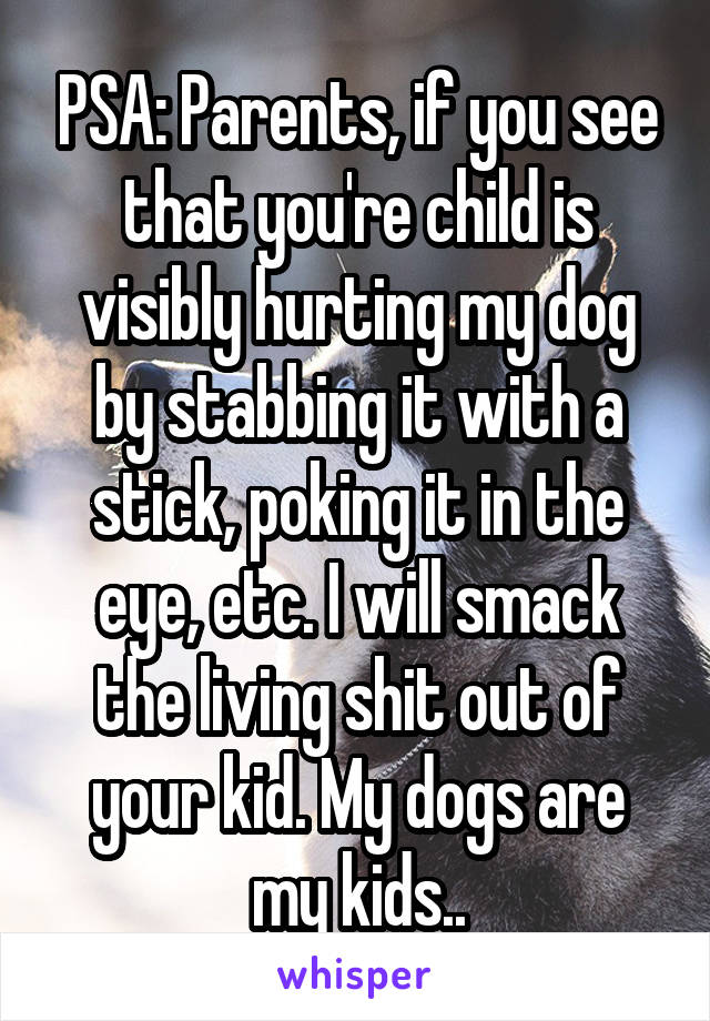 PSA: Parents, if you see that you're child is visibly hurting my dog by stabbing it with a stick, poking it in the eye, etc. I will smack the living shit out of your kid. My dogs are my kids..