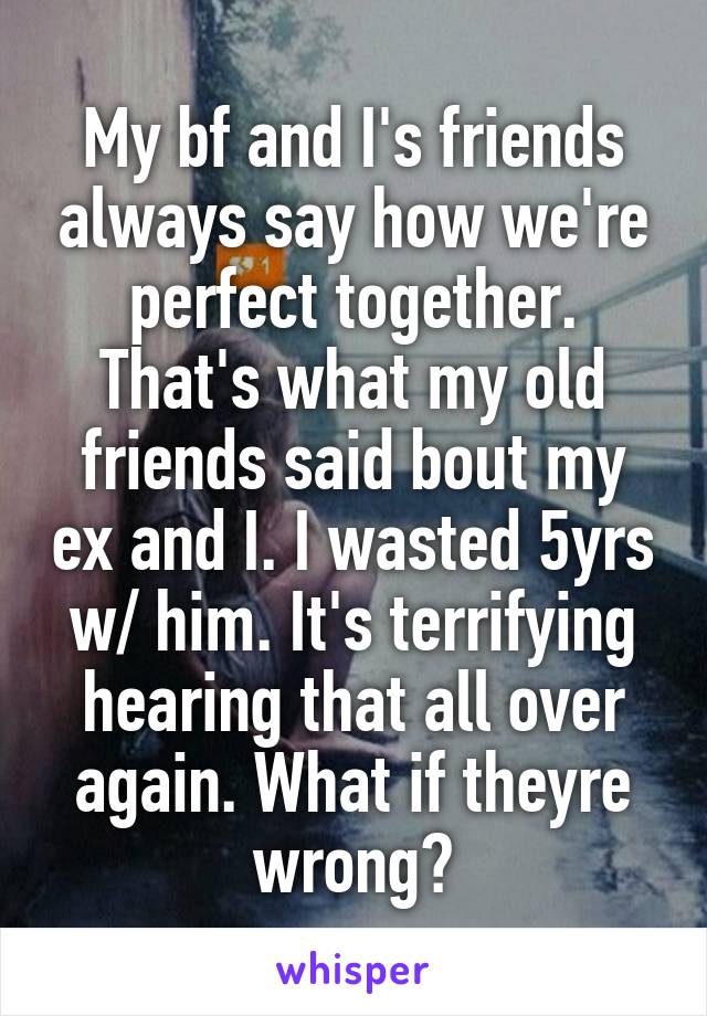 My bf and I's friends always say how we're perfect together. That's what my old friends said bout my ex and I. I wasted 5yrs w/ him. It's terrifying hearing that all over again. What if theyre wrong?