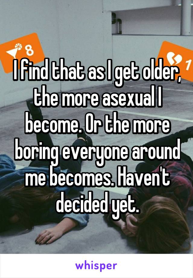 I find that as I get older, the more asexual I become. Or the more boring everyone around me becomes. Haven't decided yet.