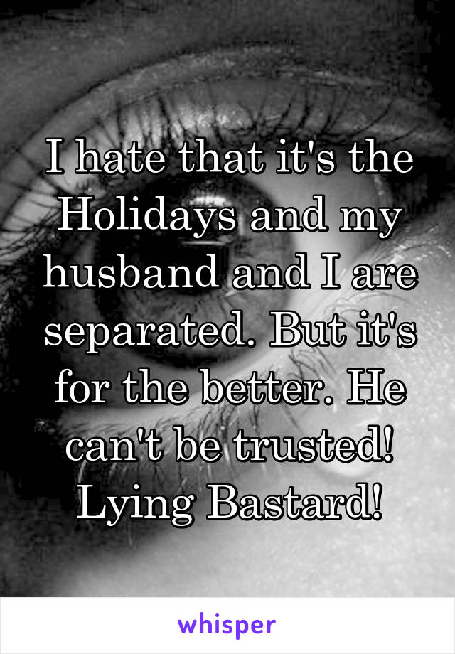 I hate that it's the Holidays and my husband and I are separated. But it's for the better. He can't be trusted! Lying Bastard!