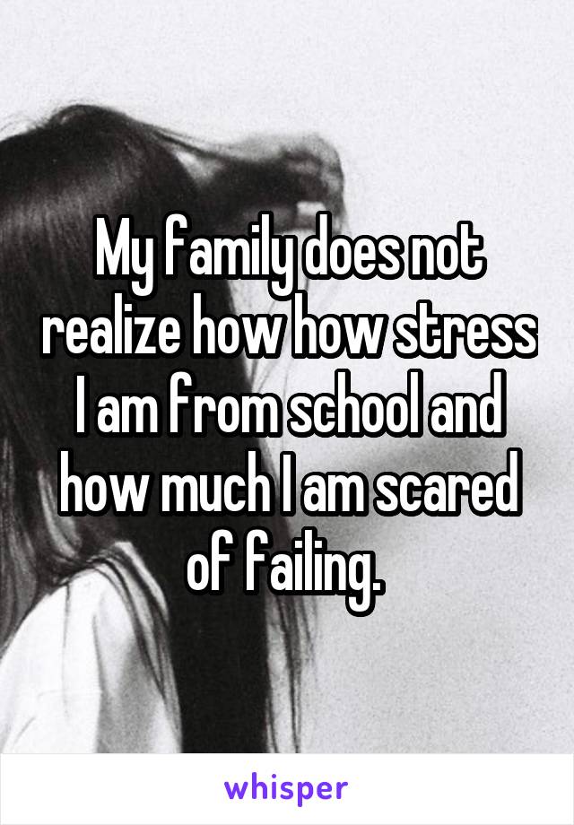 My family does not realize how how stress I am from school and how much I am scared of failing. 