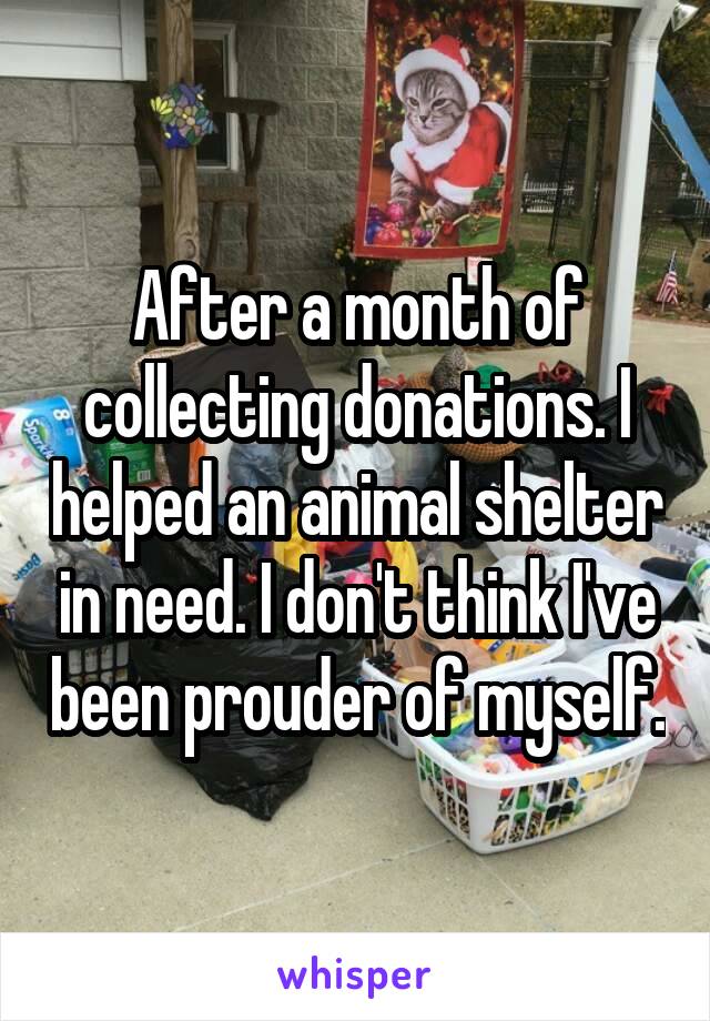 After a month of collecting donations. I helped an animal shelter in need. I don't think I've been prouder of myself.